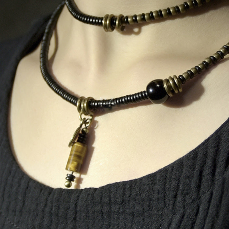 Ebony Wood Dzi Bead Copper Peace Bracelet for Meditation