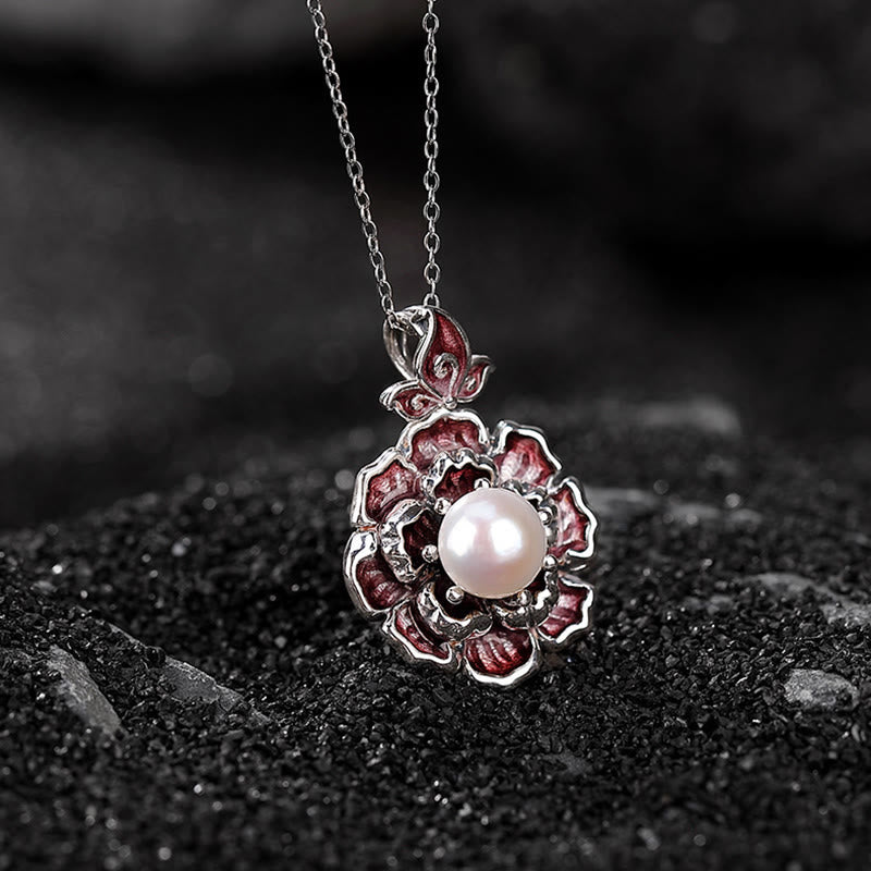 999 Sterling Silver Pearl Necklace with Peony Flower Pendant for Healing