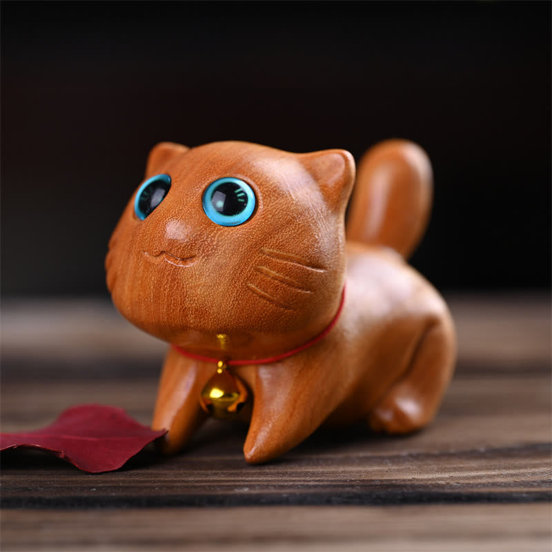 9cm Sandalwood Sleeping Cat Zen Decor Sculpture