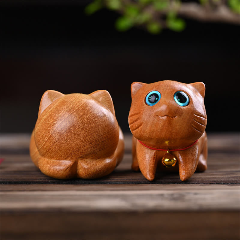9cm Sandalwood Sleeping Cat Zen Decor Sculpture