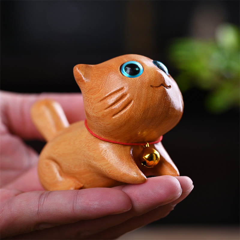 9cm Sandalwood Sleeping Cat Zen Decor Sculpture