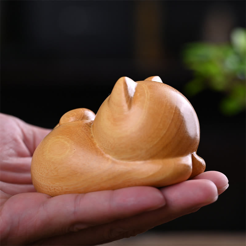 9cm Sandalwood Sleeping Cat Zen Decor Sculpture
