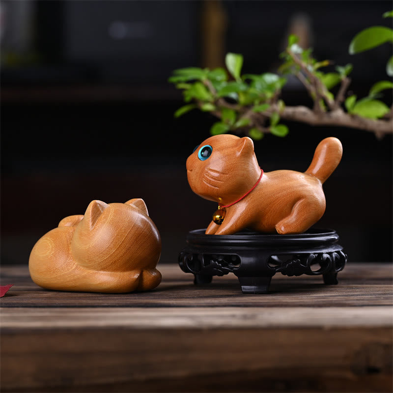 9cm Sandalwood Sleeping Cat Zen Decor Sculpture