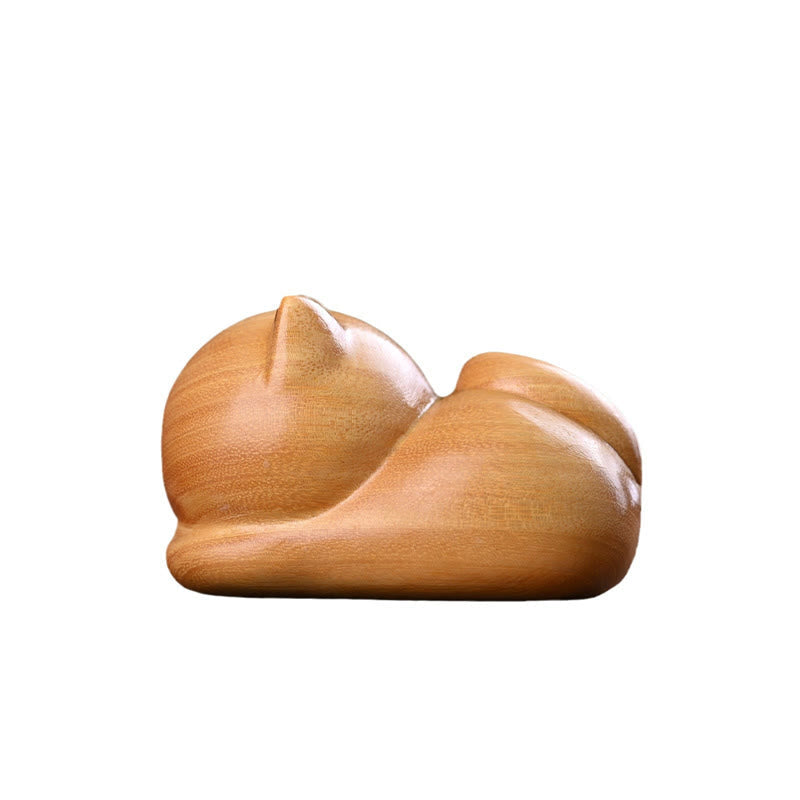 9cm Sandalwood Sleeping Cat Zen Decor Sculpture