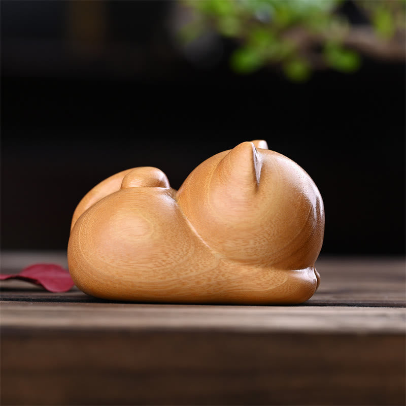 9cm Sandalwood Sleeping Cat Zen Decor Sculpture