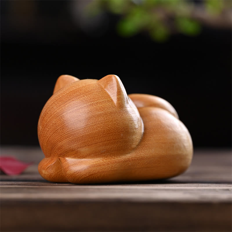 9cm Sandalwood Sleeping Cat Zen Decor Sculpture