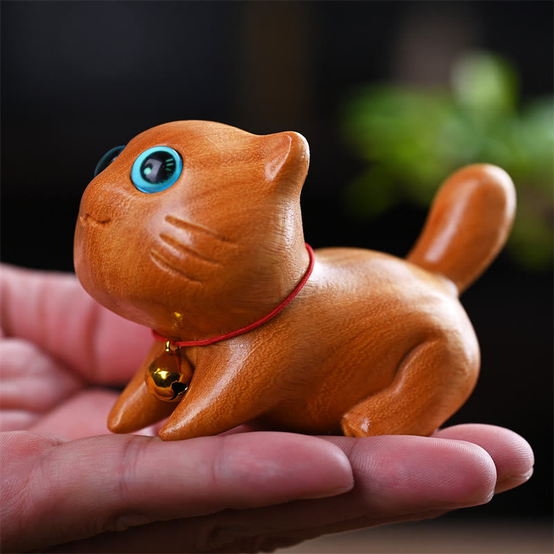 9cm Sandalwood Sleeping Cat Zen Decor Sculpture