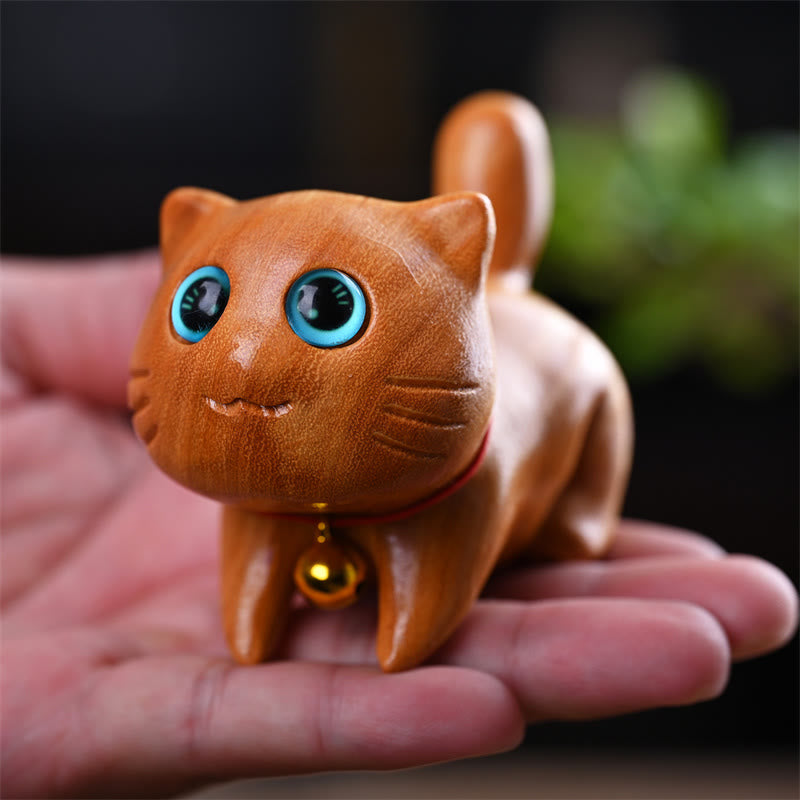 9cm Sandalwood Sleeping Cat Zen Decor Sculpture