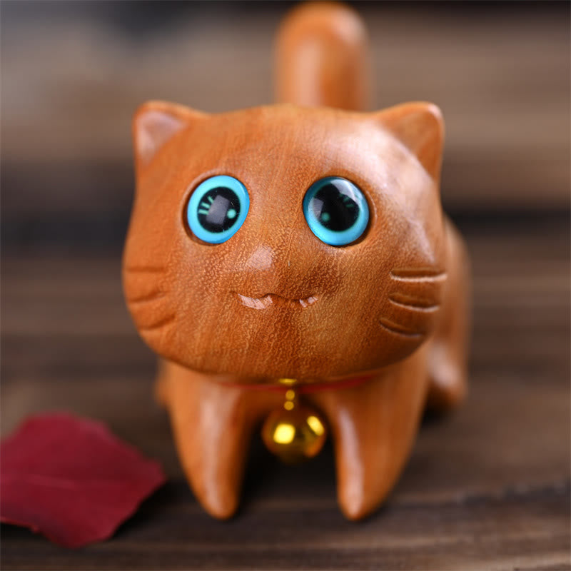 9cm Sandalwood Sleeping Cat Zen Decor Sculpture