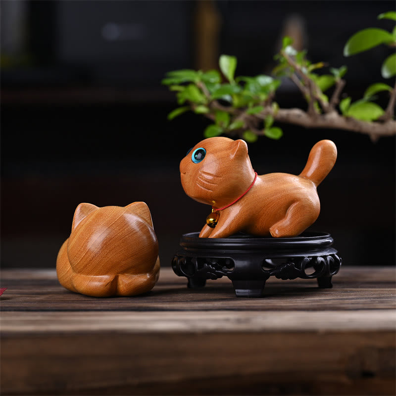 9cm Sandalwood Sleeping Cat Zen Decor Sculpture