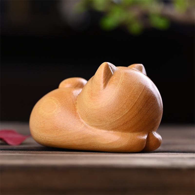 9cm Sandalwood Sleeping Cat Zen Decor Sculpture