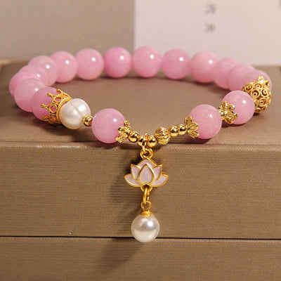 8mm Authentic Pink Jade Pearl Lotus Charm Bracelet