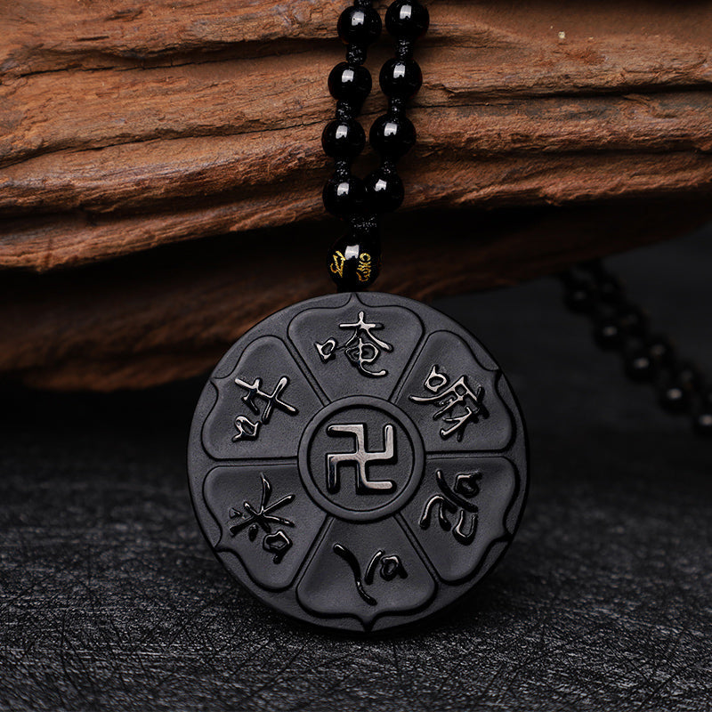 Black Obsidian Om Mani Padme Hum Necklace for Spiritual Luck