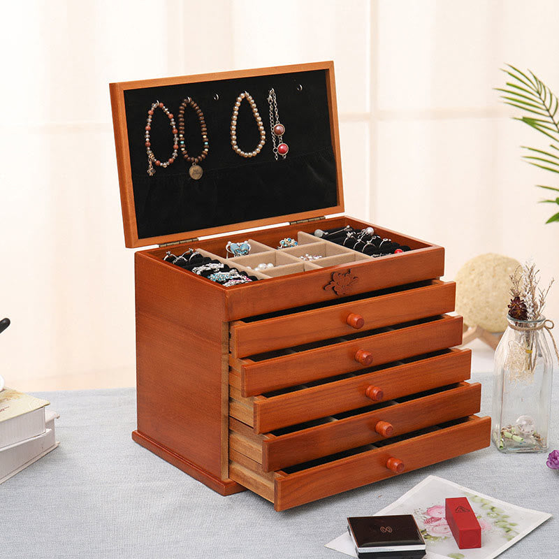Spacious Six-Layer Vintage Flower Wooden Jewelry Box