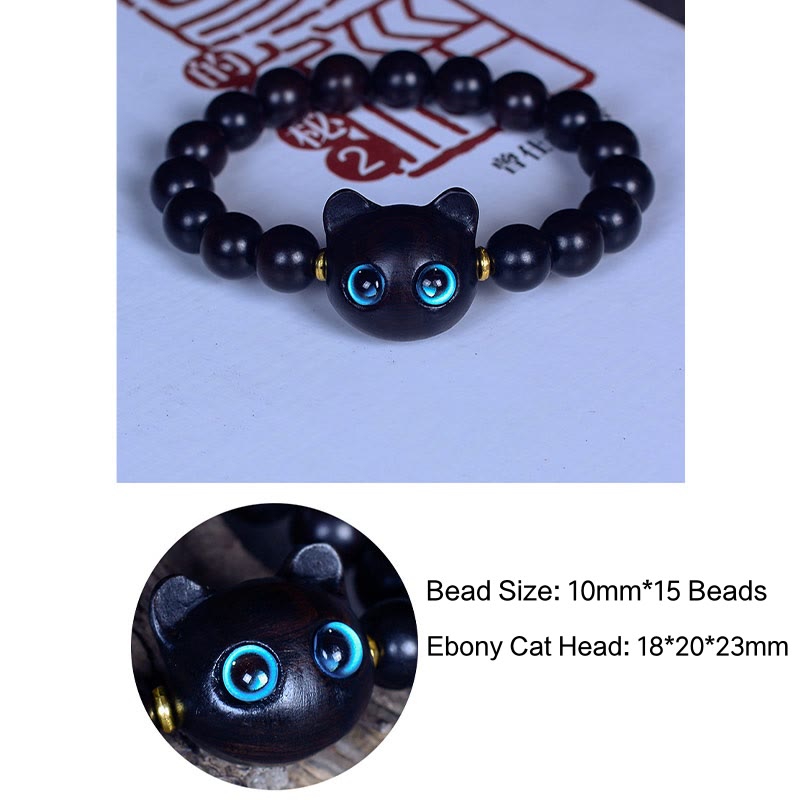 Ebony Wood Peace & Balance Bracelet with Cat Motif