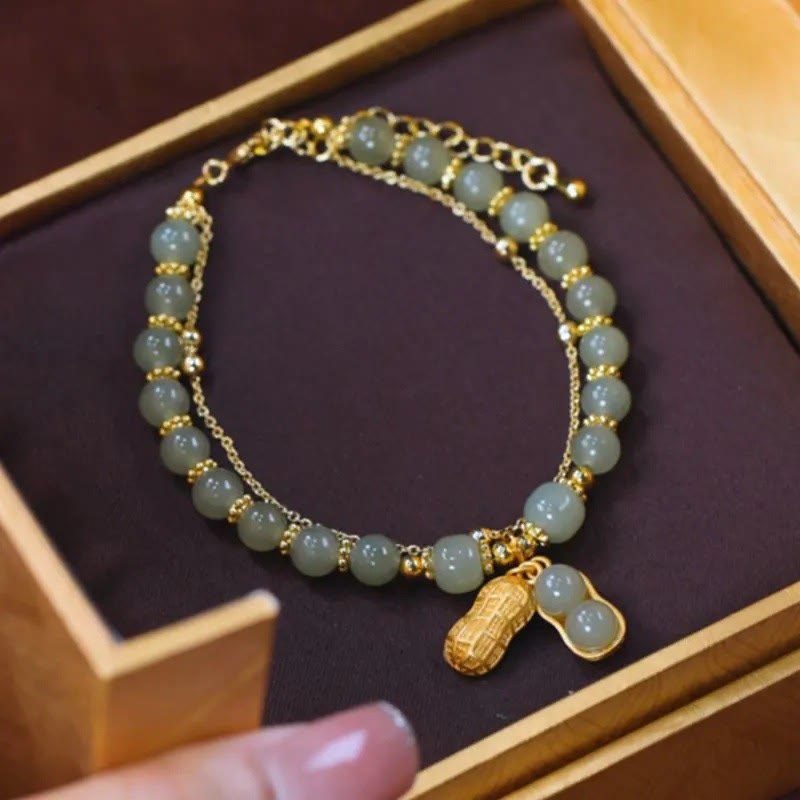 Jade Luck Beaded Bracelet with Leaf, Tulip & Fu Symbol