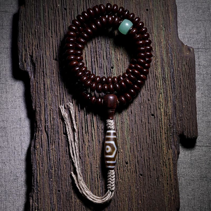 9mm Purple Bodhi Seed Mala Bracelet with Three-eyed Dzi Beads for Harmony