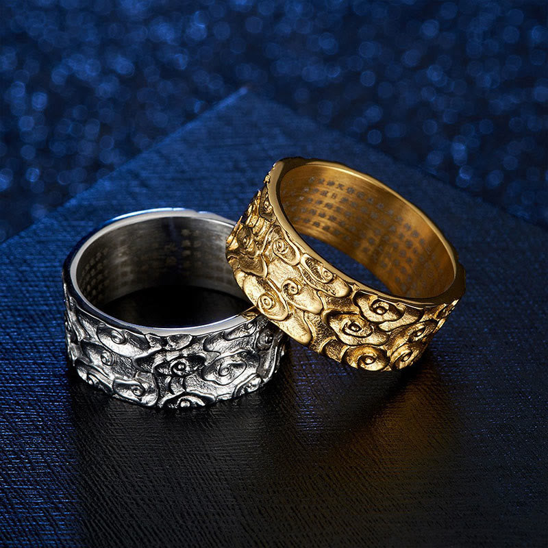 9mm Titanium Steel Spiritual Ring with Heart Sutra & Auspicious Clouds