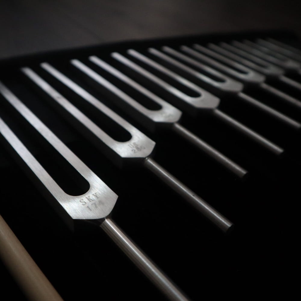 Row of tuning forks in 9pc Solfeggio Frequencies Set - Silver Sound Vibration