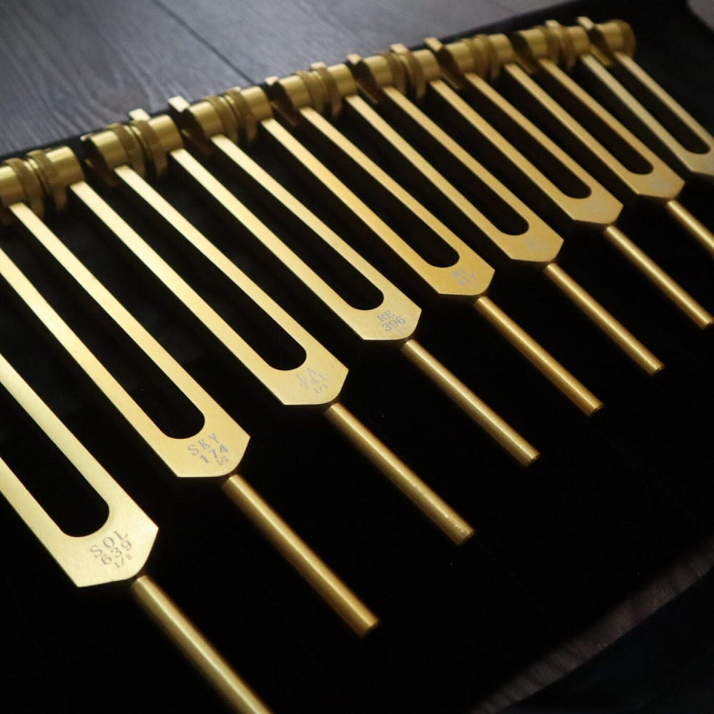 9pc Solfeggio Tuning Fork Set 528Hz Gold Bag & Striker - On sale