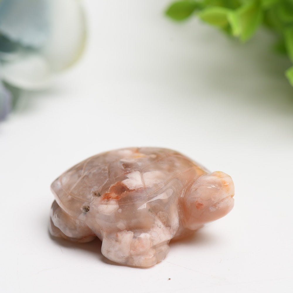 2-Inch Flower Agate Crystal Turtle Figurine for Prosperity