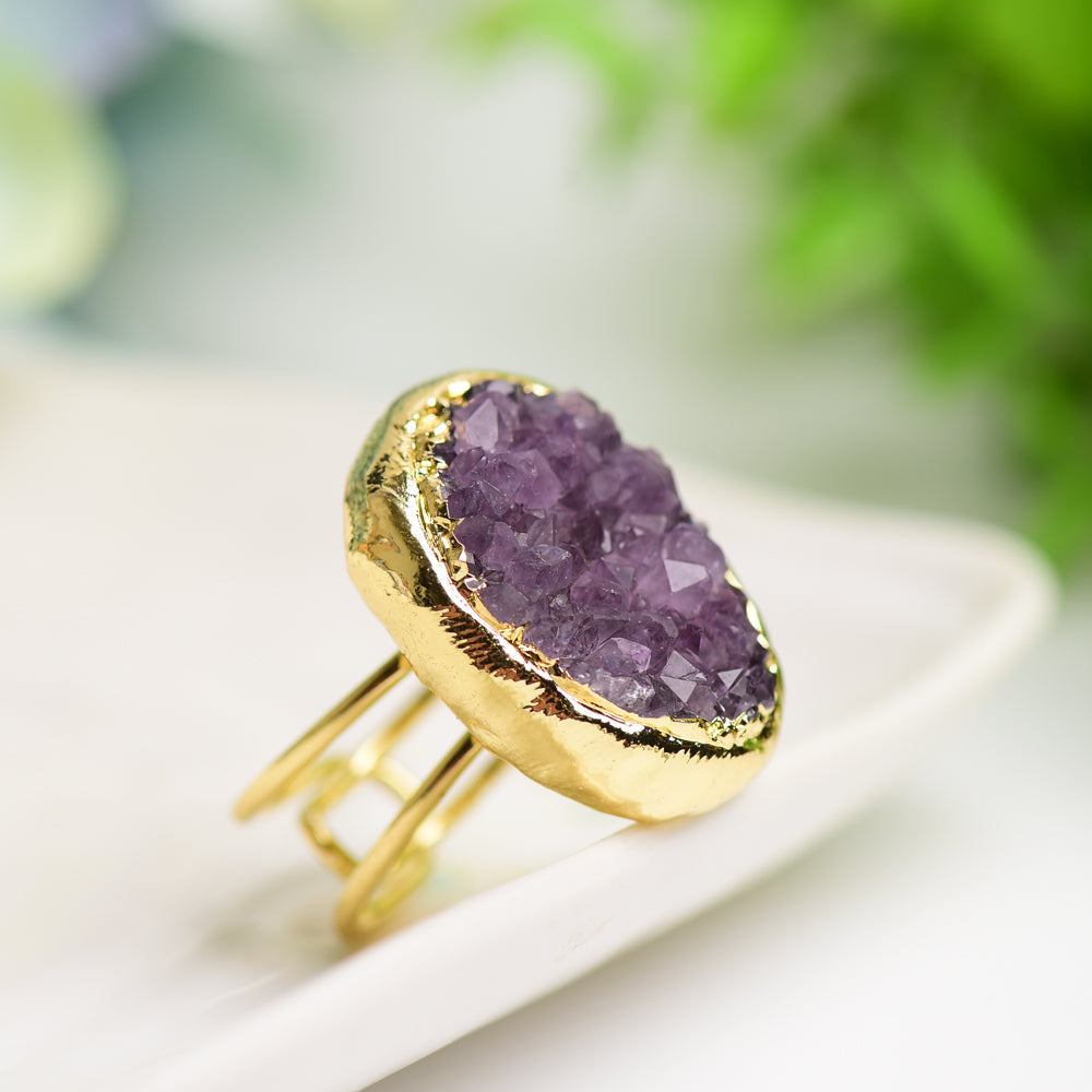 Amethyst Cluster Ring Gold Metal Rough Crystal 10g