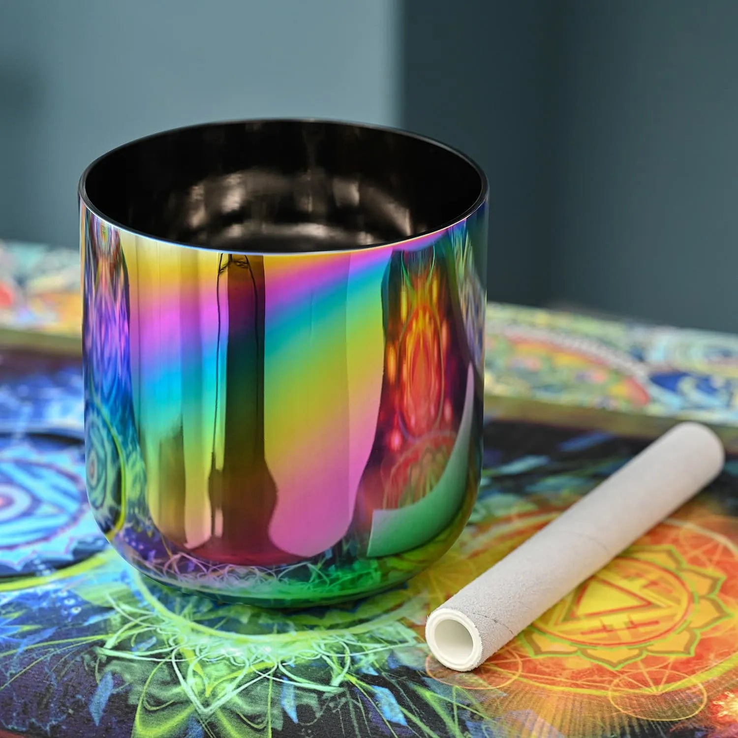 Rainbow iridescent Crystal Singing Bowl with white mallet in 6-7 inch size