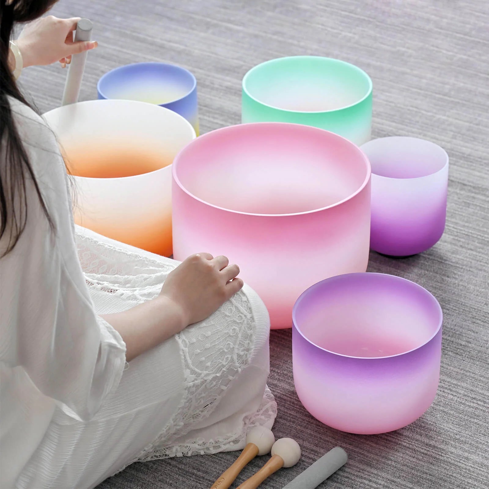 Candy Colored Frosted Quartz Crystal Singing Bowl Set