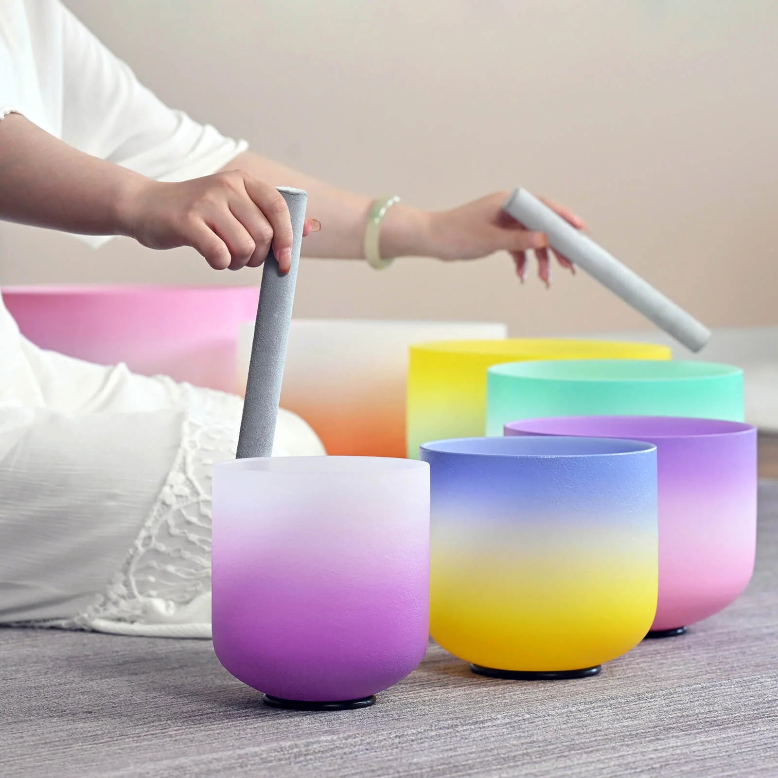 Candy Colored Frosted Quartz Crystal Singing Bowl Set