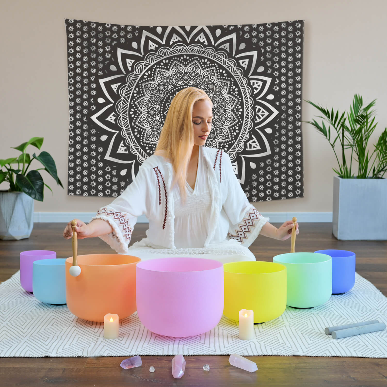Pastel Crystal Singing Bowl Set for Meditation 6-12 Inch