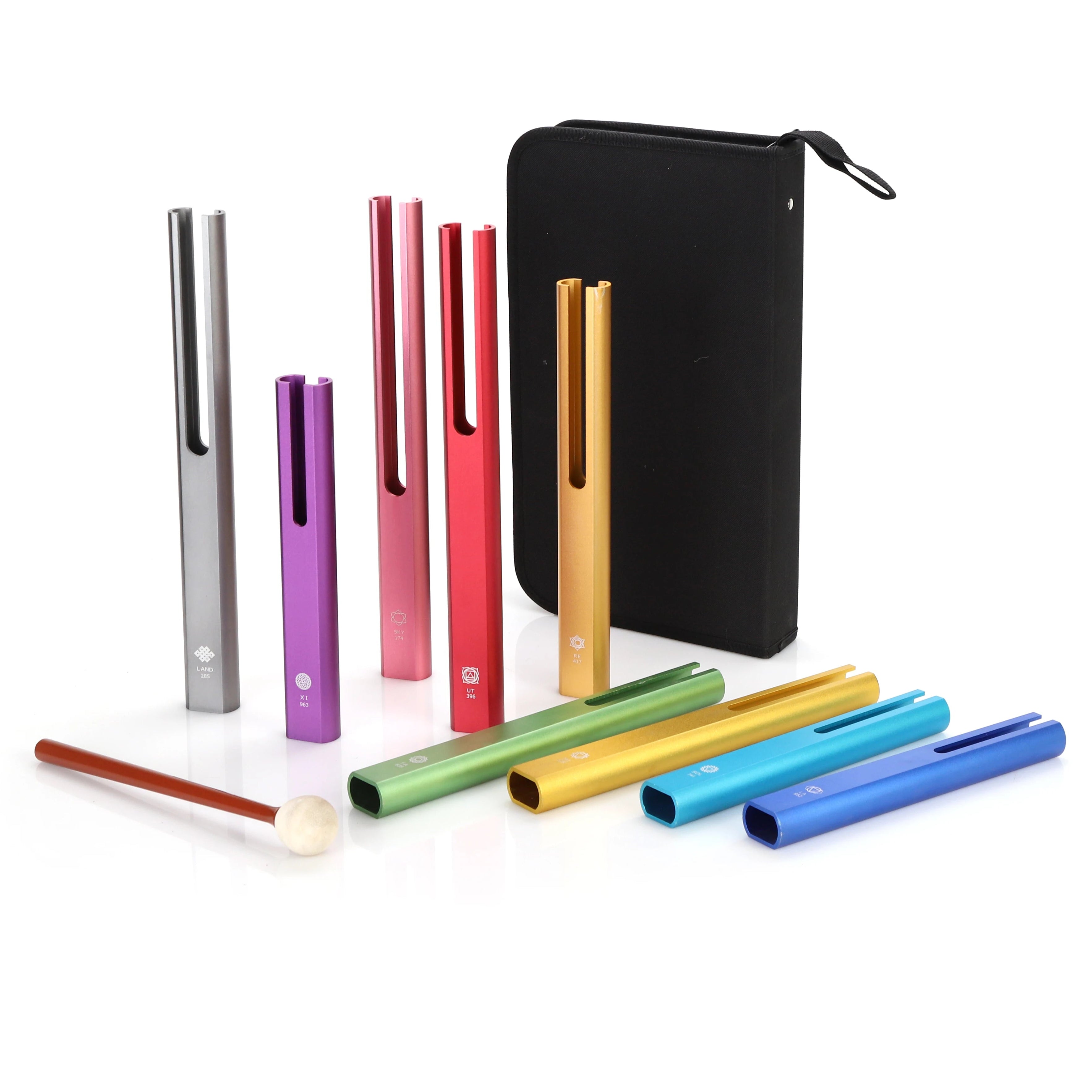 Colorful tubular bells with black carrying case for transportation.