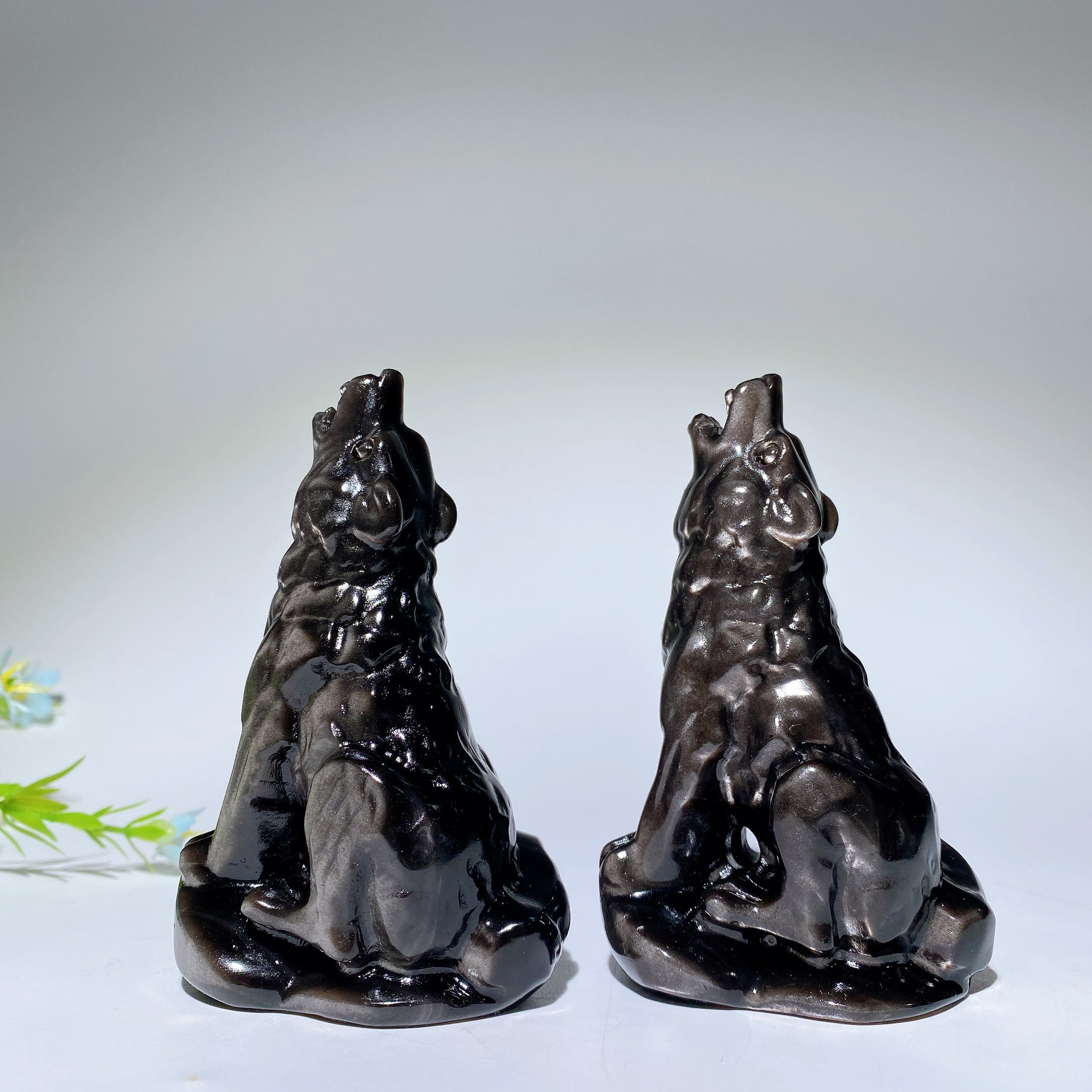 4.0" Silver Obsidian Crystal Wolf Carving - Healing Figurine