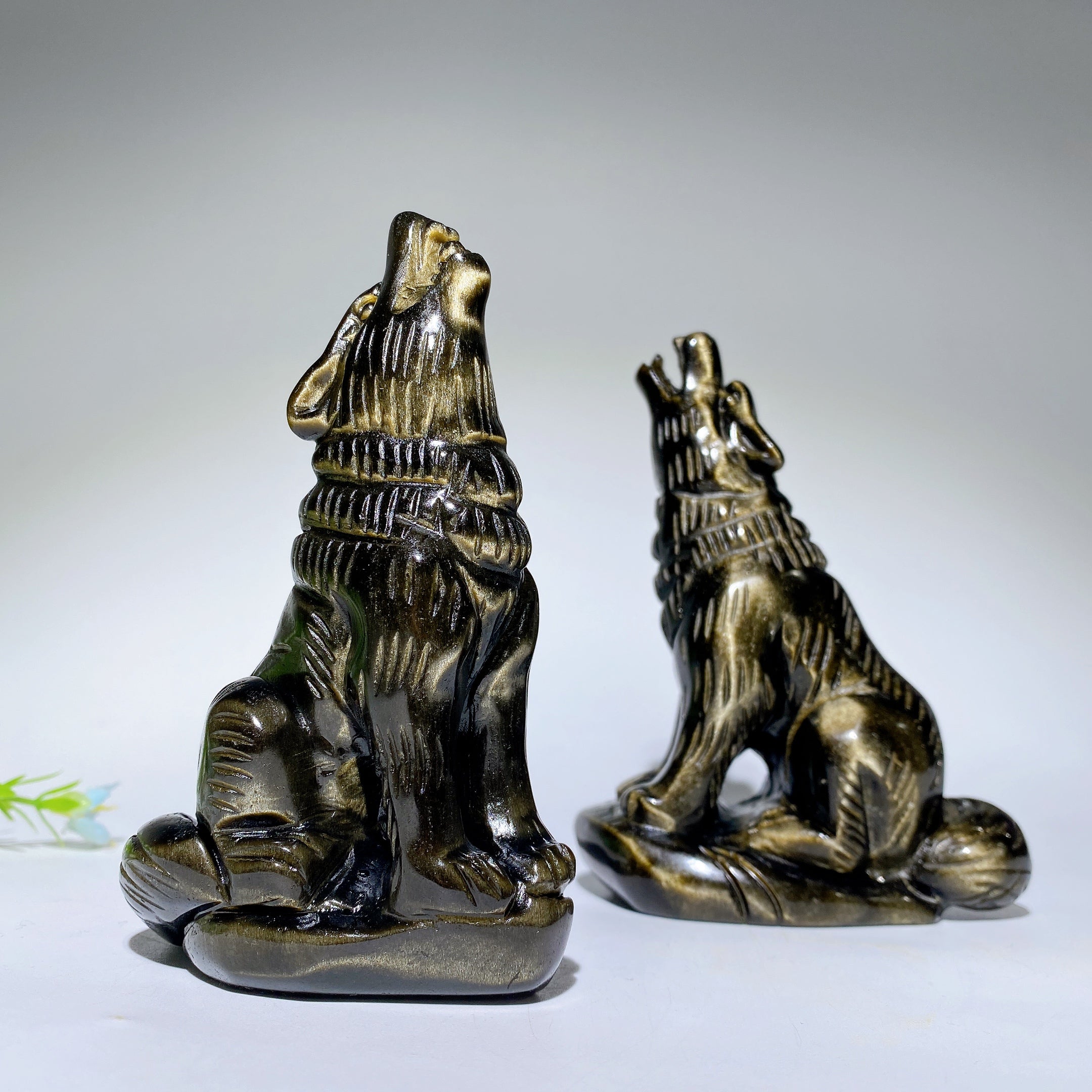 4.0" Silver Obsidian Crystal Wolf Carving - Healing Figurine