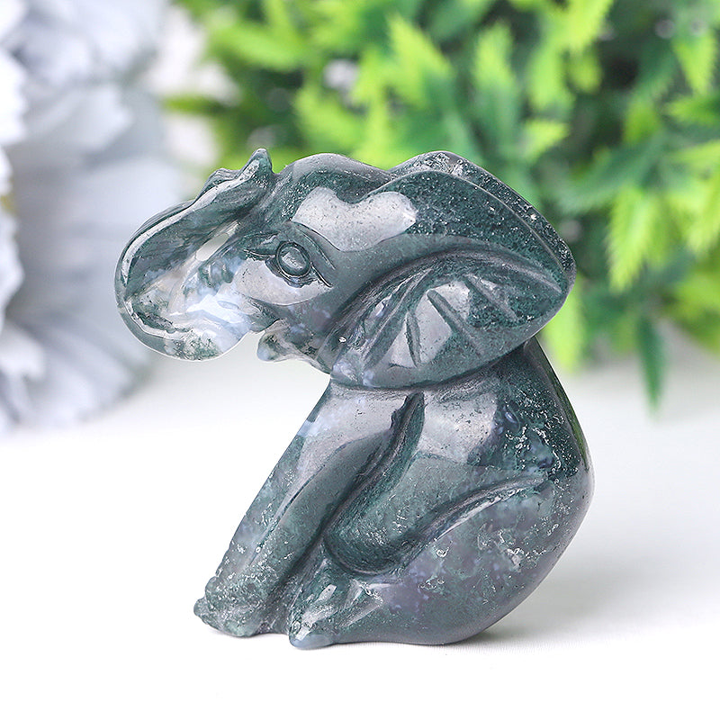 2 inch Moss Agate Elephant Crystal Carving for Healing