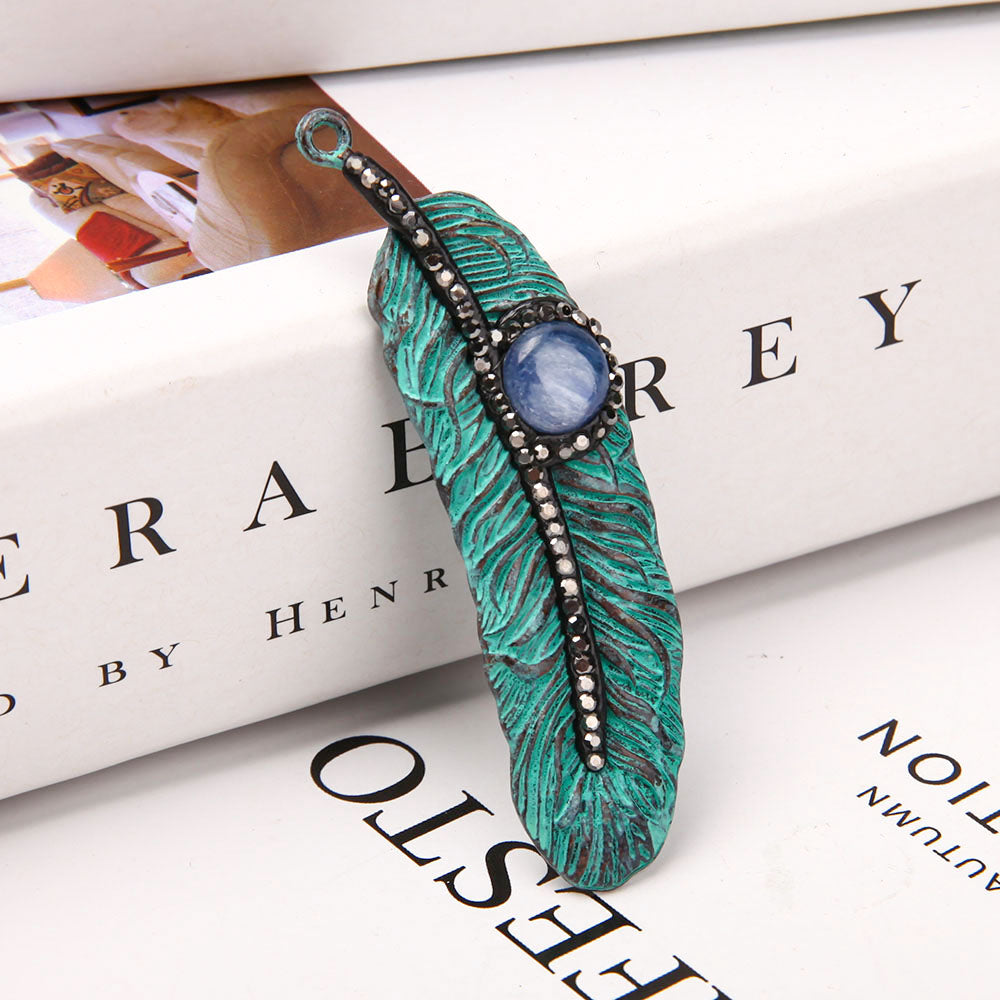 Kyanite Metal Feather Pendant for Spiritual Protection