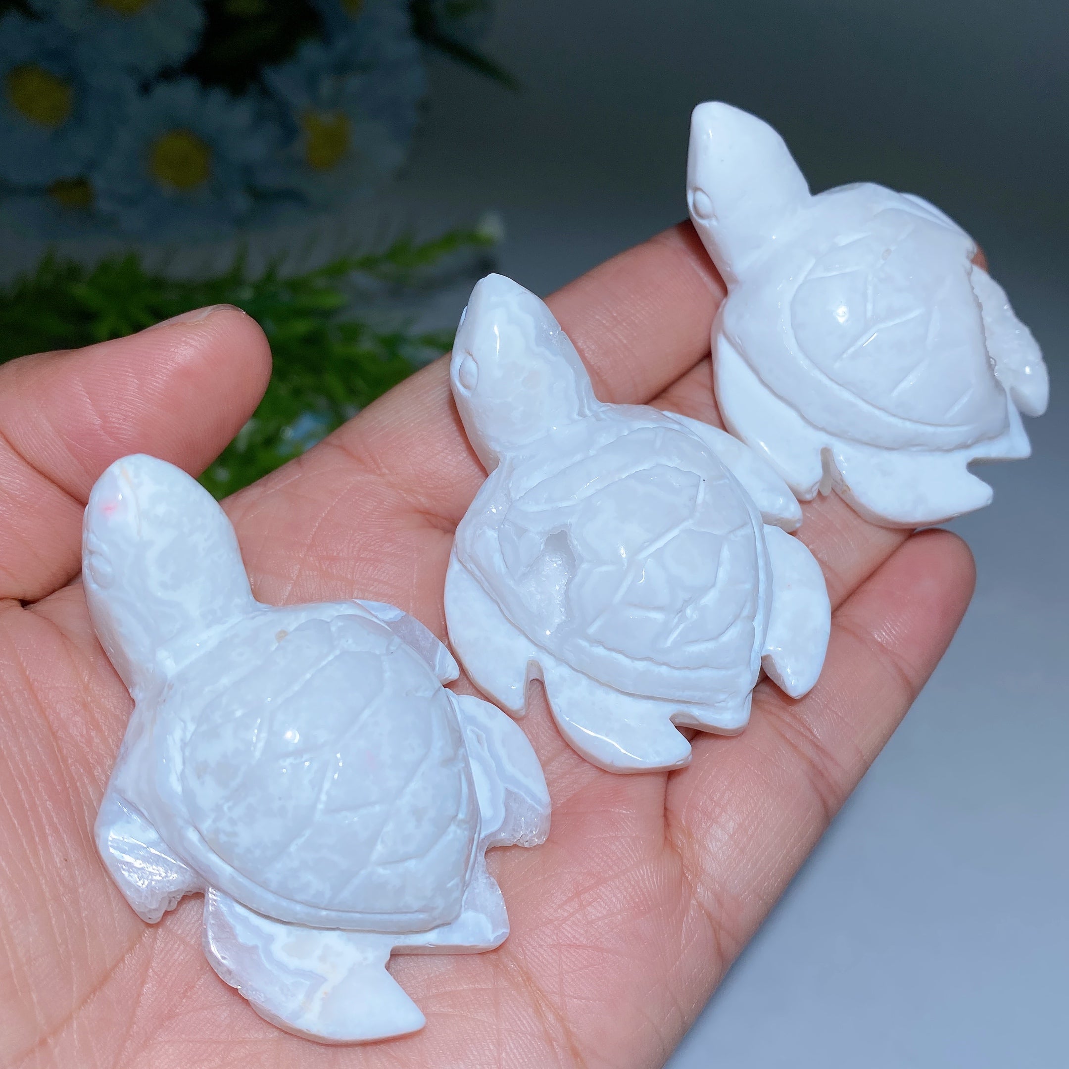 2.2" Druzy White Agate Crystal Turtle Figurine for Healing