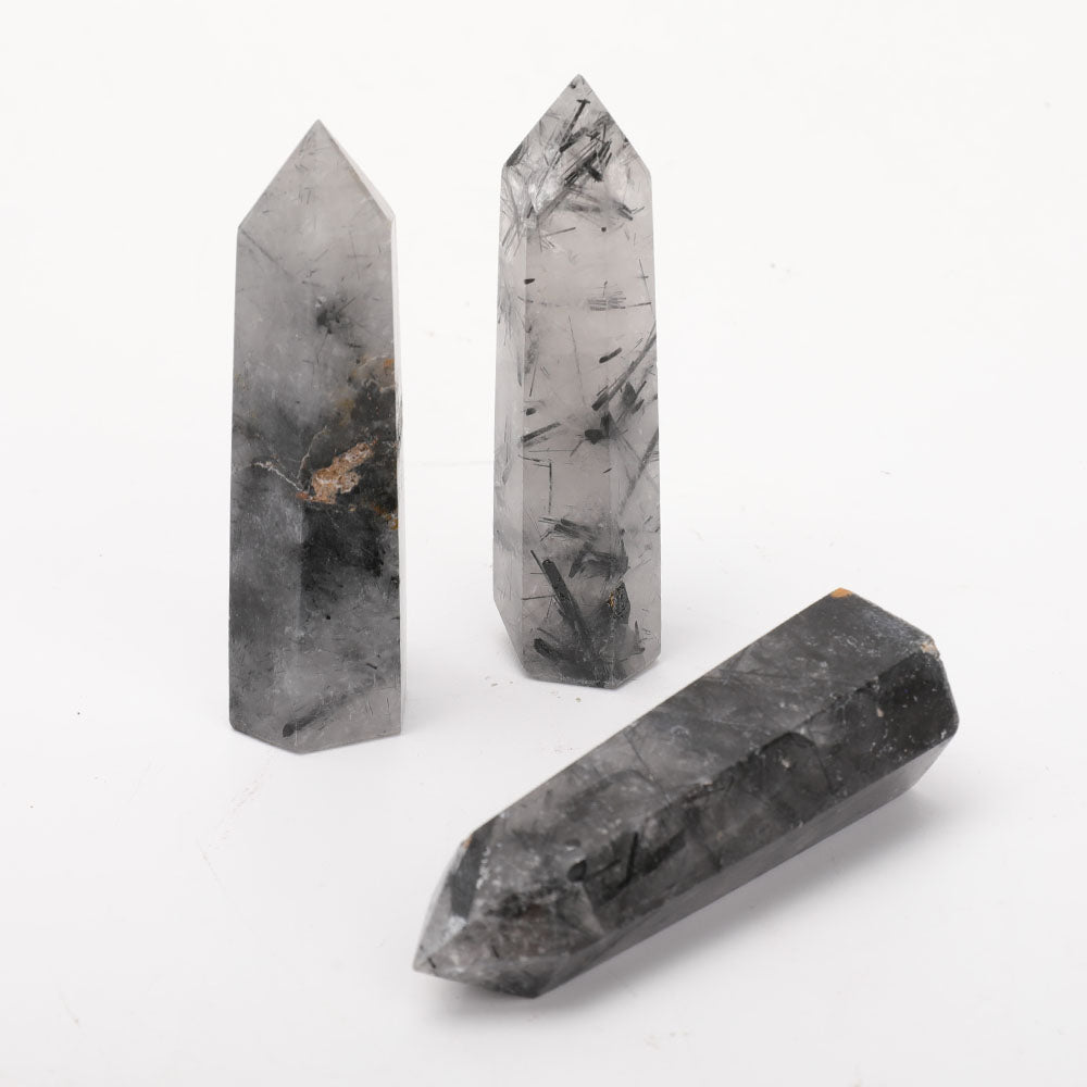 Set of 3 Black Tourmaline Crystal Points 3.0 to 3.5 Inches