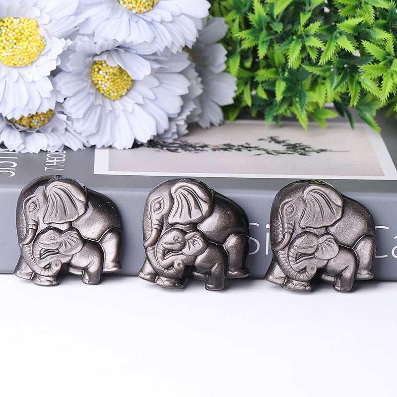 2 inch Silver Obsidian Crystal Elephant Carving