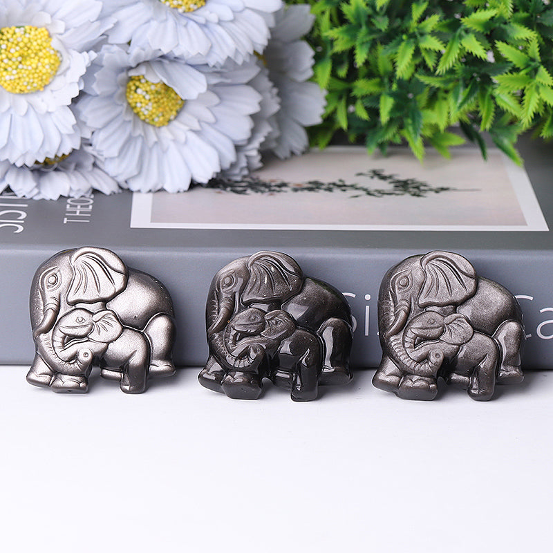 2 inch Silver Obsidian Crystal Elephant Carving