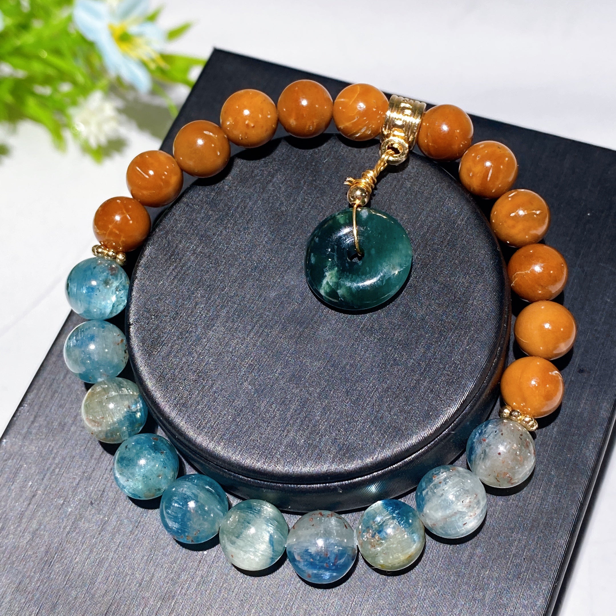 8mm Kyanite and Jade Healing Bracelet with Wood Accent