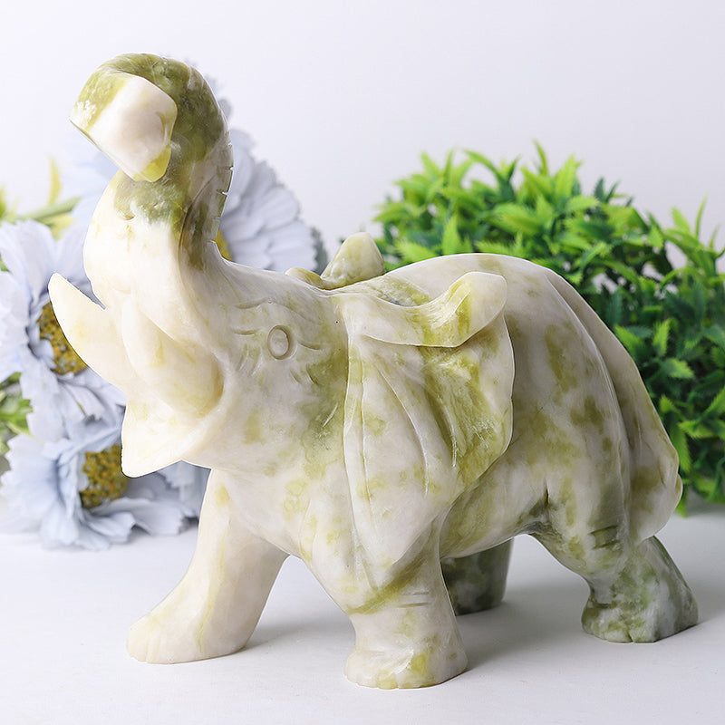 Serpentine Crystal Elephant Figurine 6.5in for Wisdom & Luck
