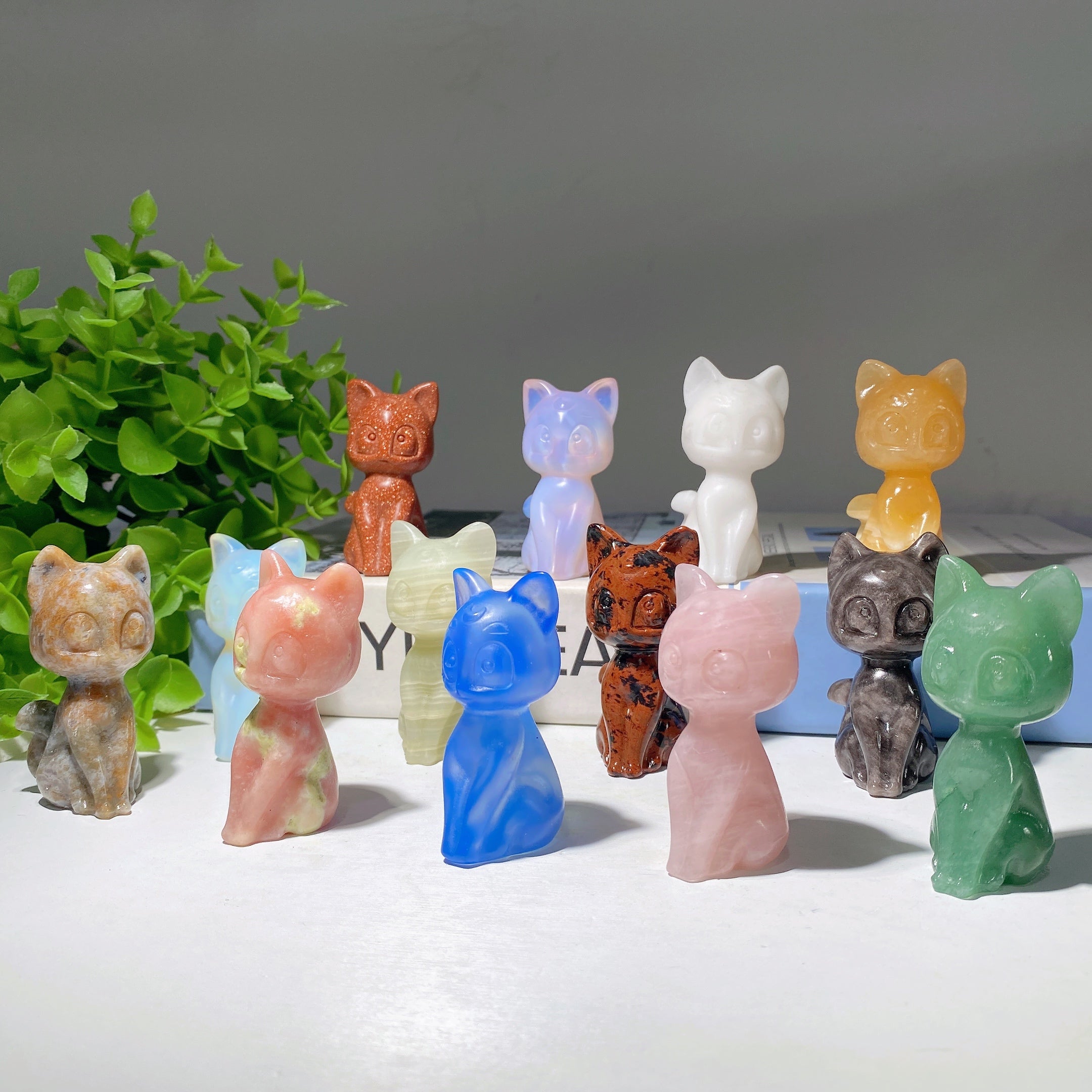 2.2" Mixed Crystal Cat Carvings Figurine Healing Energy