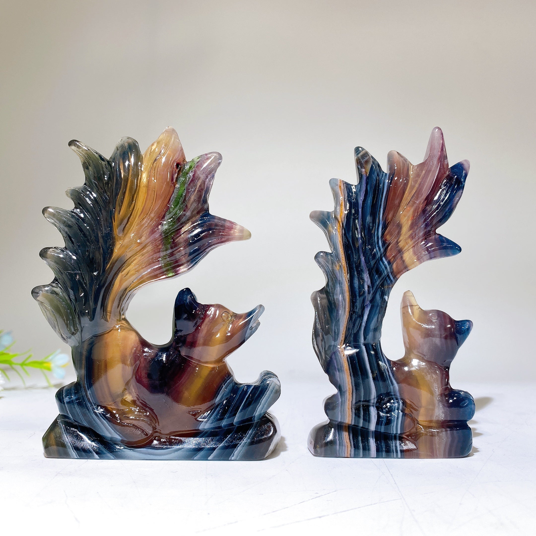 Rainbow Fluorite Crystal Fox Carving 3.2x4.5 Inch