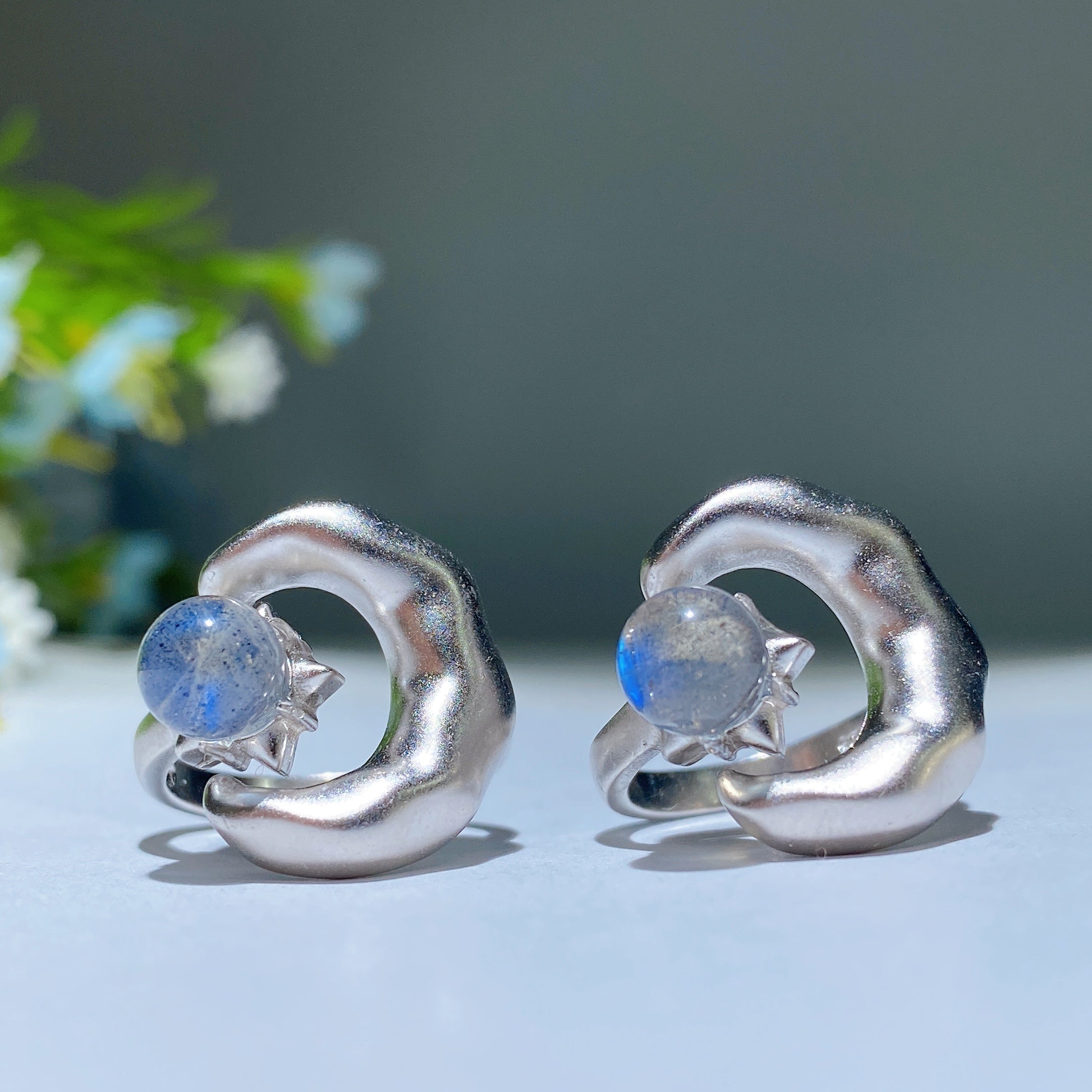 Adjustable Sterling Silver Labradorite Moon & Star Ring