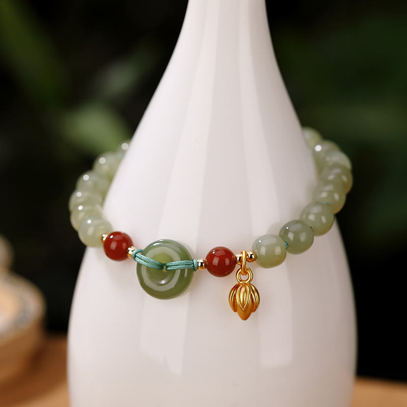Hetian Jade Peace Buckle Luck Bracelet 6x7mm | Healing Sounds