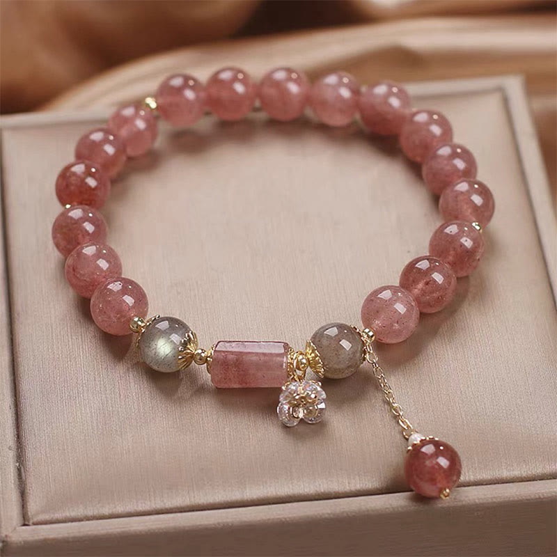 Strawberry Quartz Charm Bracelet with Zircon Flower for Love