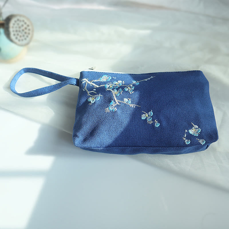 Canvas Wallet with Plum Cherry Crane Embroidery | Compact 21x13cm