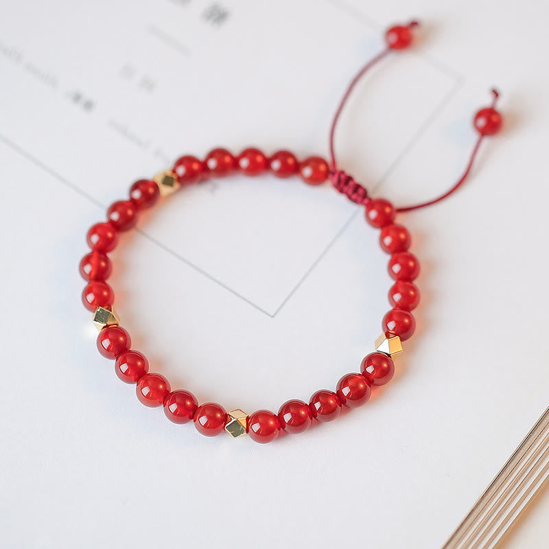 Natural Red Agate Confidence Bracelet with Four Leaf Clover & Star Charm