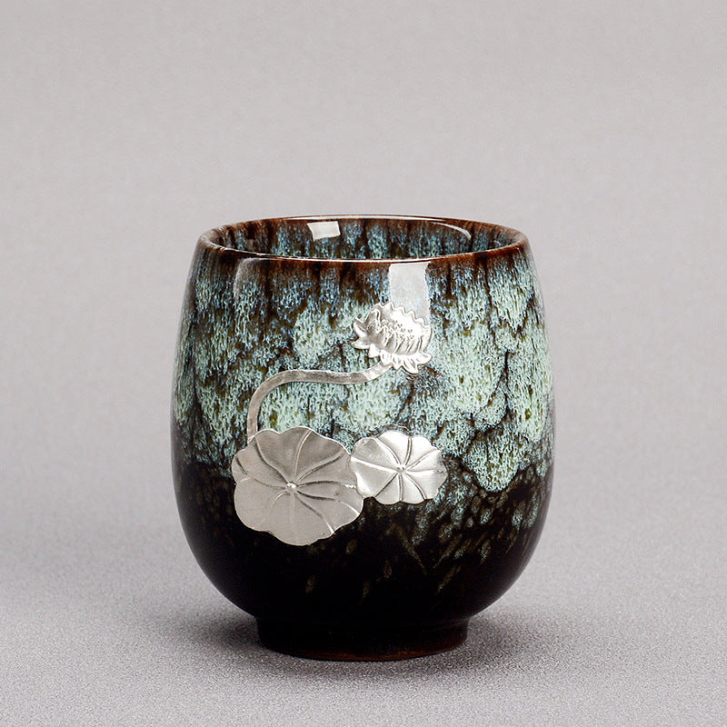 Silver Lotus Flower Leaf Chinese Jianzhan Ceramic Teacup 150ml