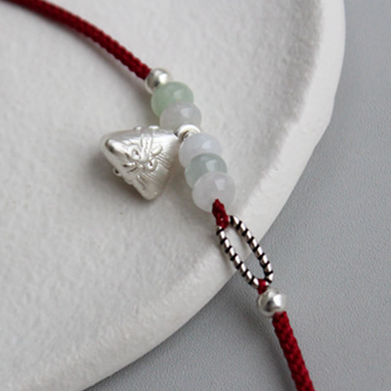 925 Sterling Silver Jade Red String Zongzi Charm Abundance Bracelet